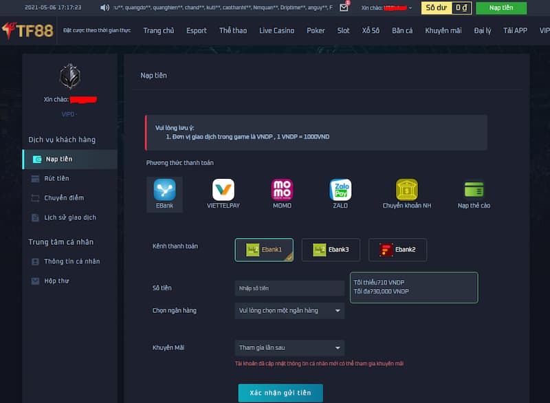 Nạp, rút tiền tại TF88