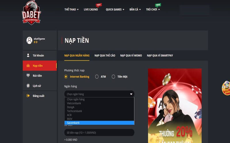 Cách nạp, rút tiền tại DABET