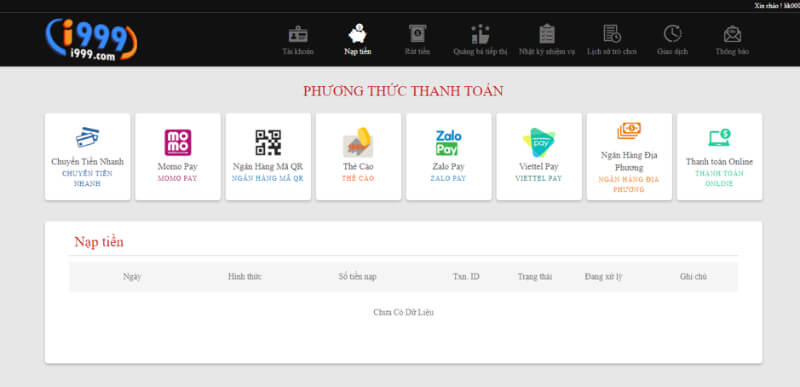 Nạp, rút tiền tại i999
